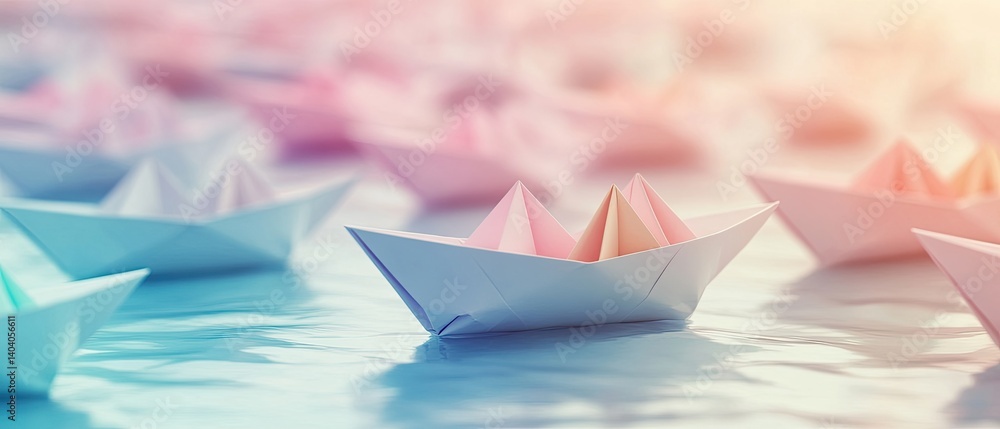A close-up of a pink and blue paper boat floating in a shallow pool of water, surrounded by other paper boats. A close-up of a pink and blue paper boat floating in a shallow pool of water, surrounded by other paper boats.