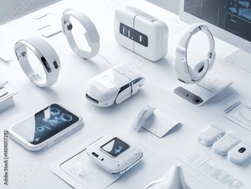 Minimal futuristic AI gadgets arranged on white background with clean lighting and sharp focus.
