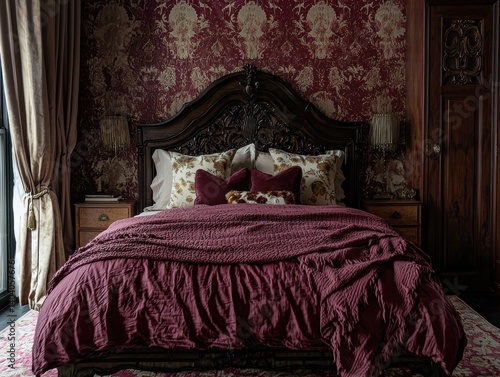 A romantic, traditionally styled bedroom with burgundy hues, ornate wood furnishings, and elegant wallpaper create a cozy and inviting space.