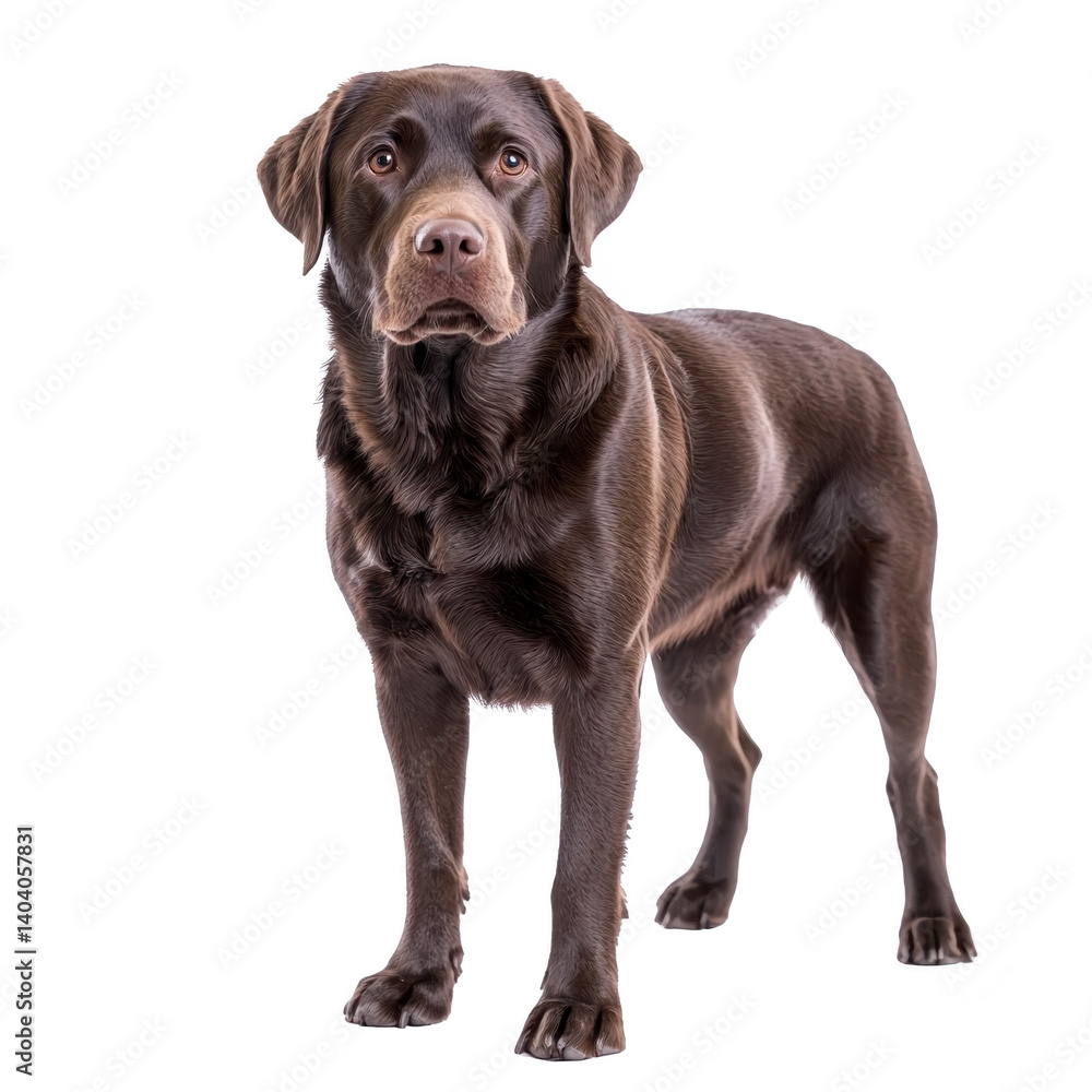 chocolate Labrador Retriever stands attentively, showcasing its glossy coat and alert expression. dog posture exudes confidence and curiosity, highlighting its friendly nature chocolate Labrador Retriever stands attentively, showcasing its glossy coat and alert expression. dog posture exudes confidence and curiosity, highlighting its friendly nature