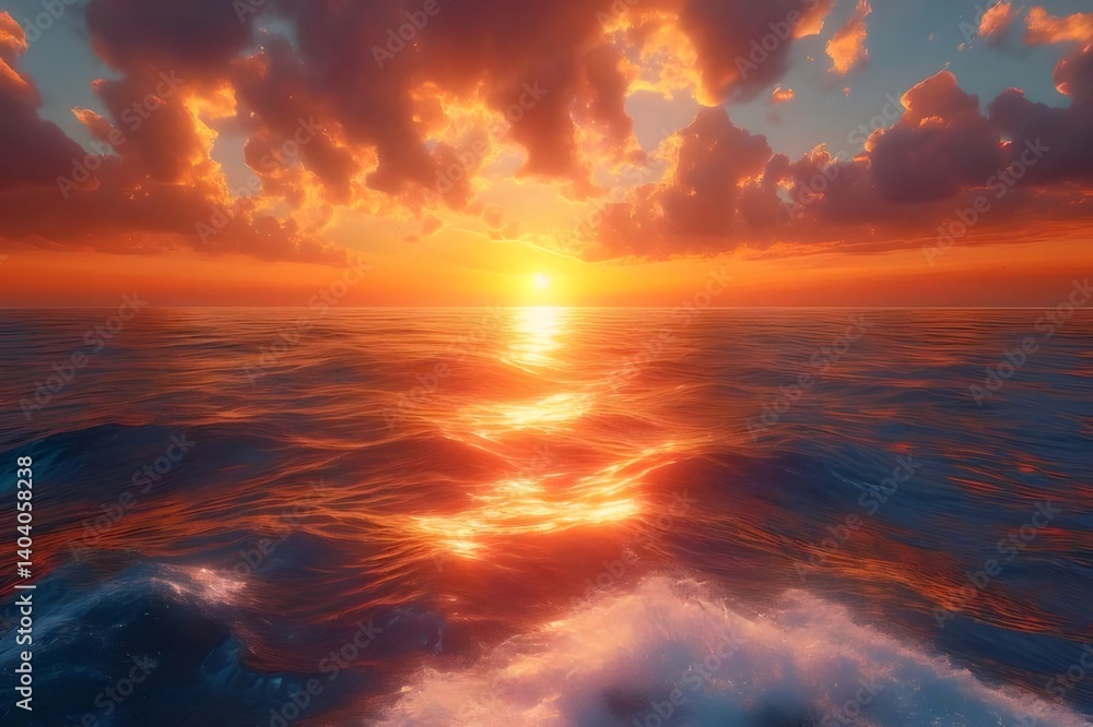 Golden Sunset Over Ocean With Reflecting Sunlight And Dramatic Cloud Formation Golden Sunset Over Ocean With Reflecting Sunlight And Dramatic Cloud Formation