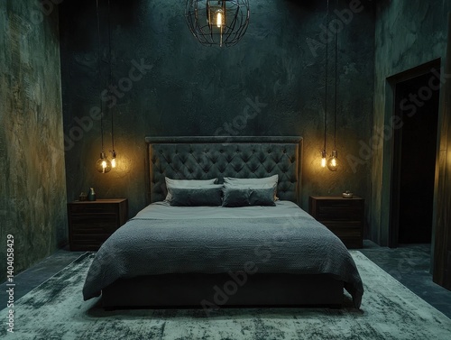 Elegant bedroom with tufted headboard, moody lighting, and luxurious textiles creates a calming and stylish retreat. Interior design.