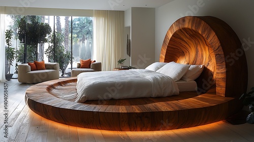 Glowing circle bed in cozy suite high resolution picture