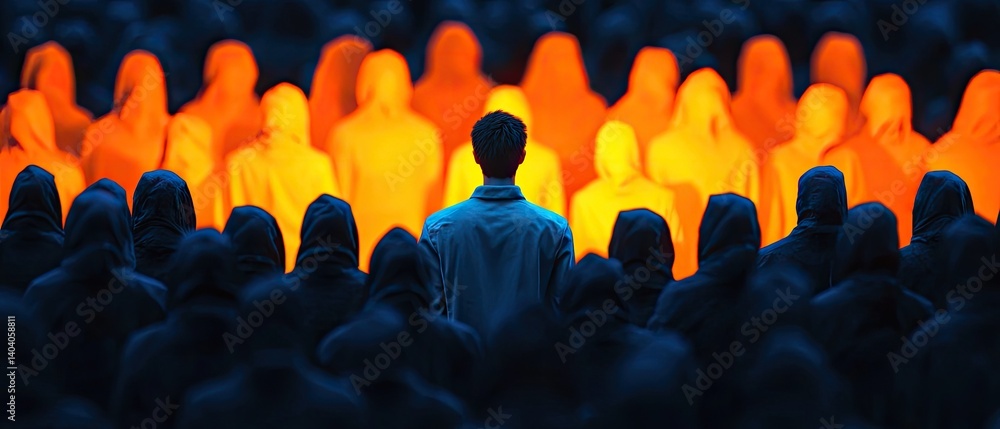 Fototapeta premium A lone man stands out in a crowd of cloaked figures, with glowing figures behind him.