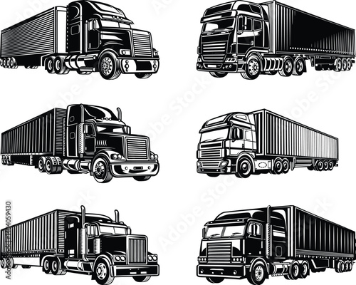 Heavy trucking industry vector set with cargo trailer and container icons