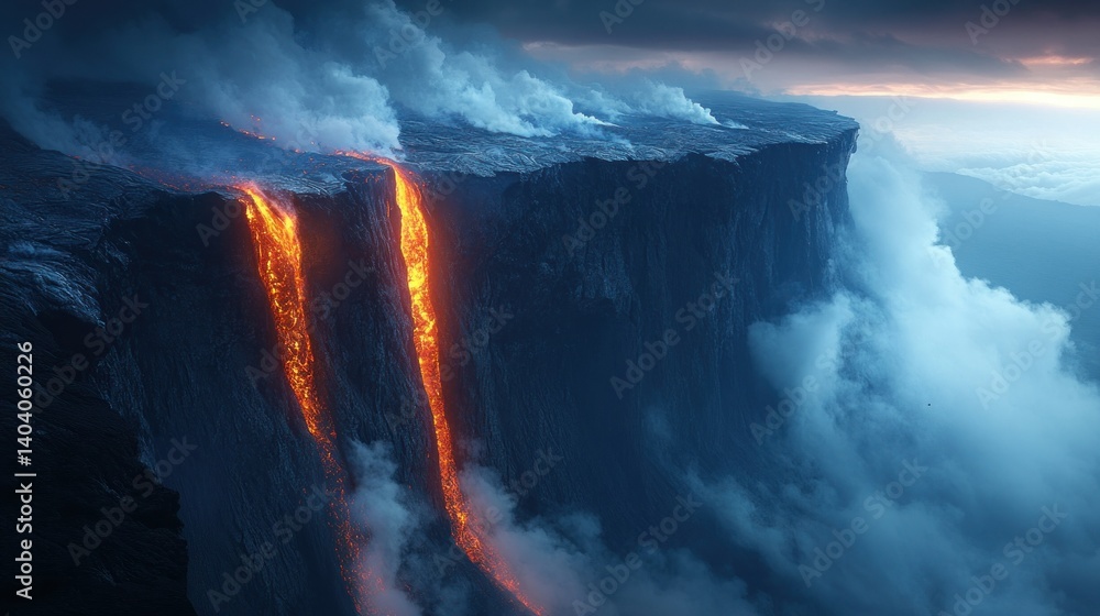 Fototapeta premium Molten streams cascade down a dramatic cliff face, shrouded in volcanic smoke and mist, as the sun sets