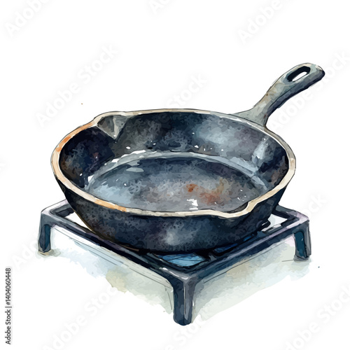 Cast Iron Skillet On A Stovetop, watercolor vector, isolated on a white background.