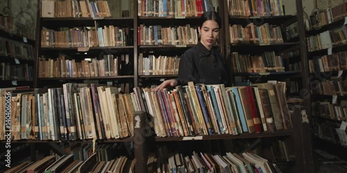 Young woman browsing and reading books in a library
