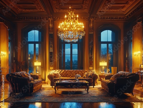 Opulent room with large windows, tufted furniture, chandelier, and warm lighting, creating a luxurious and inviting atmosphere.