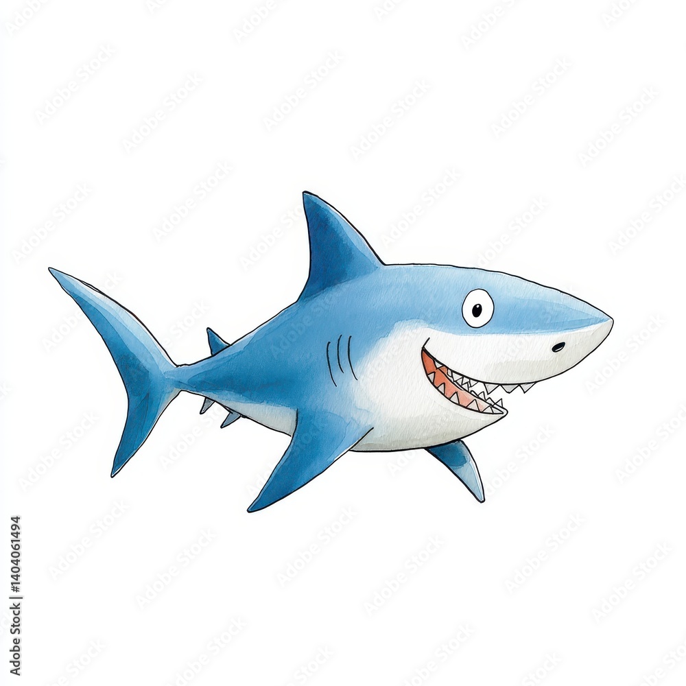 Fototapeta premium Cartoon shark smiling illustration on a white background.