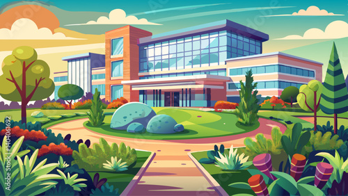 A hospital exterior surrounded by a landscaped garden, integrating nature with modern healthcare design