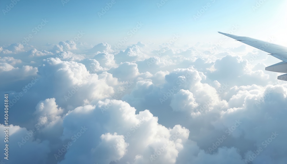 Fototapeta premium Aerial view white fluffy clouds on soft blue sky in the morning. Passenger airplane wing in frame. Plane flight above the clouds. Flight through clouds, travel, journey. Dreamy soft background.