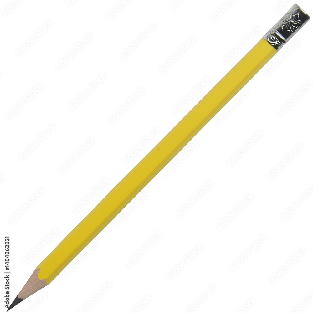 yellow wooden pencil with sharpened graphite tip and silver eraser holder is isolated on transparency background. pencil is angled diagonally, showcasing its classic design yellow wooden pencil with sharpened graphite tip and silver eraser holder is isolated on transparency background. pencil is angled diagonally, showcasing its classic design