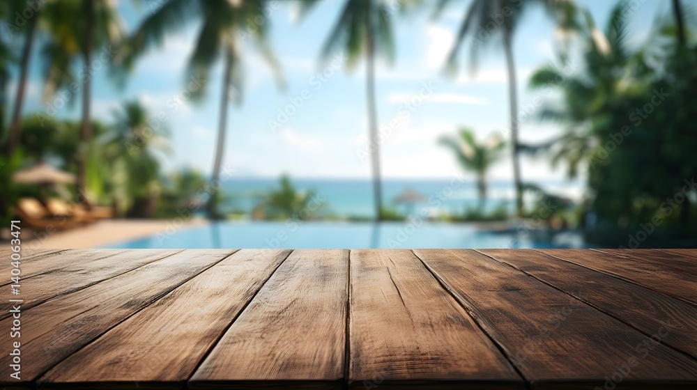 Empty wooden planks with blur beach on background, can be used for product placement, palm leaves on foreground Empty wooden planks with blur beach on background, can be used for product placement, palm leaves on foreground