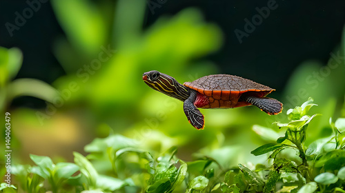 Small Red Bellied Turtle Leaping Over Aquatic Plants