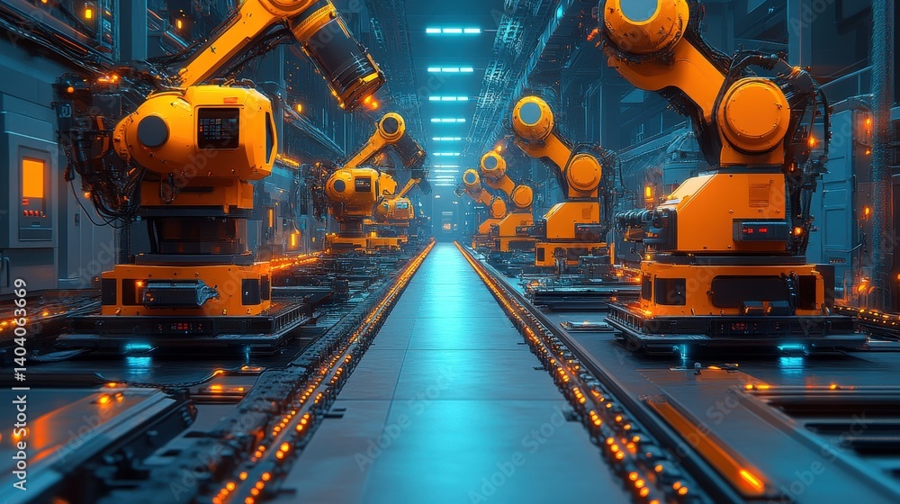 Futuristic industrial scene featuring robotic arms in a high-tech manufacturing facility Futuristic industrial scene featuring robotic arms in a high-tech manufacturing facility