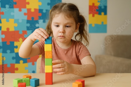 Wallpaper Mural A young girl with autism is attentively building a tower of colorful blocks, showcasing her focus and fine motor skills. Concept of autism rights movement. World Autism Awareness Day
  Torontodigital.ca