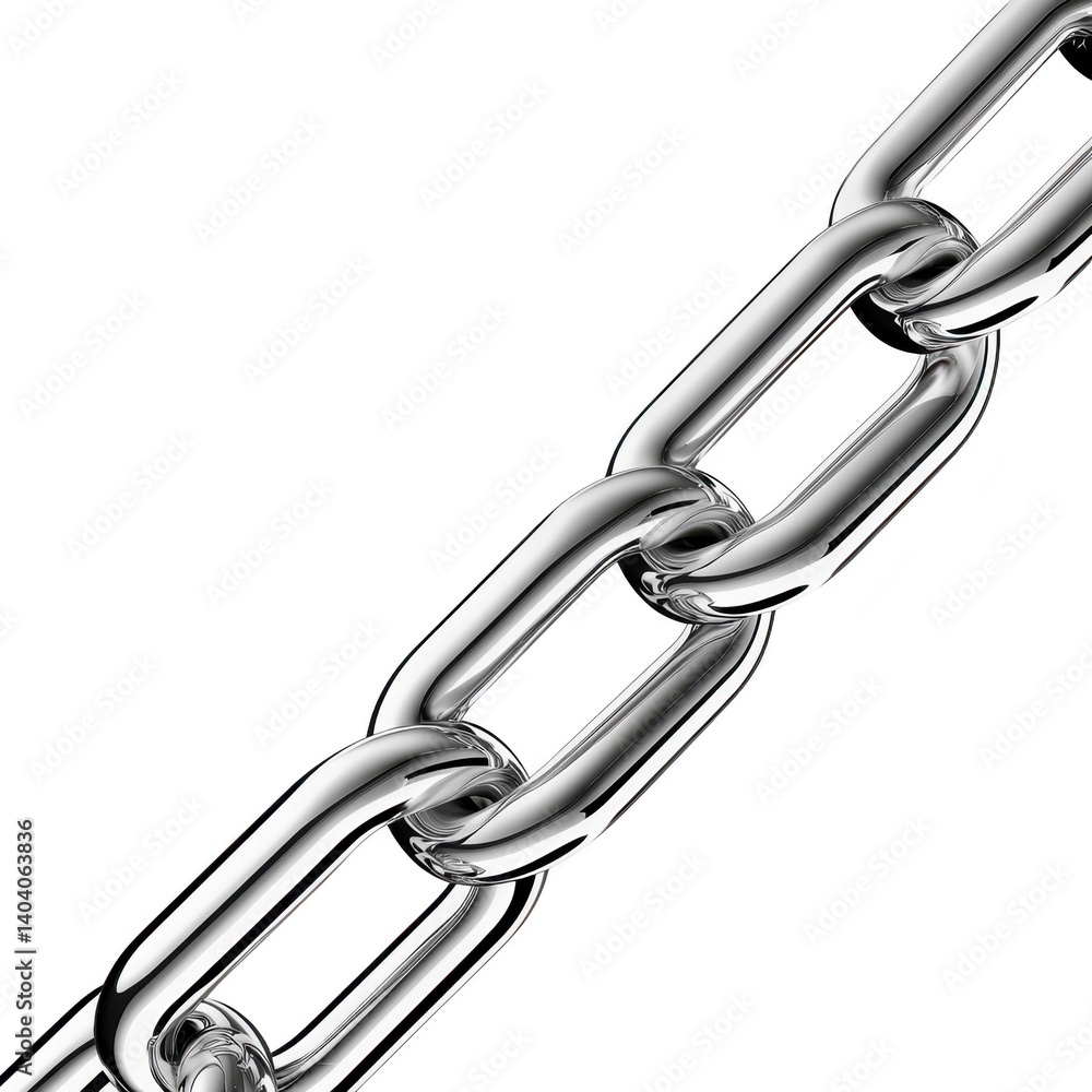 Fototapeta premium close up of shiny metal chain with interlocking links, showcasing strength and durability against plain background. chain polished surface reflects light, emphasizing its metallic texture