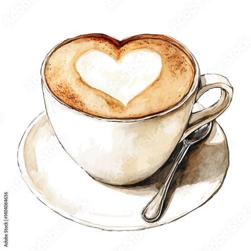 Cappuccino With A Heart-shaped Foam Art, watercolor vector, isolated on a white background.