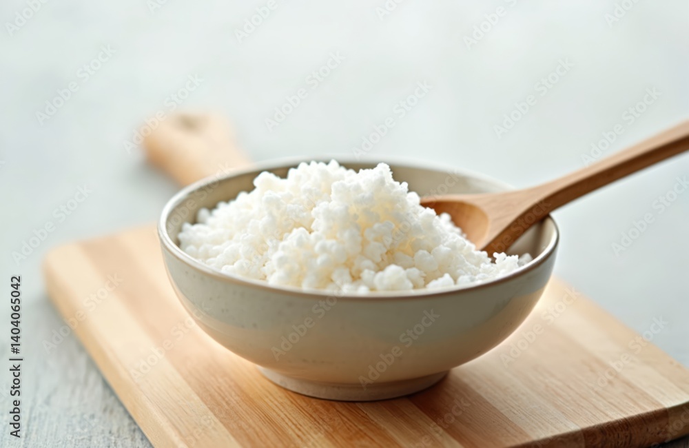 Tapioca starch in bowl on wooden board with wooden spoon. White granules tapioca flour, ingredient for baking, cooking. Healthy natural raw food for culinary. Tapioca starch in bowl on wooden board with wooden spoon. White granules tapioca flour, ingredient for baking, cooking. Healthy natural raw food for culinary.