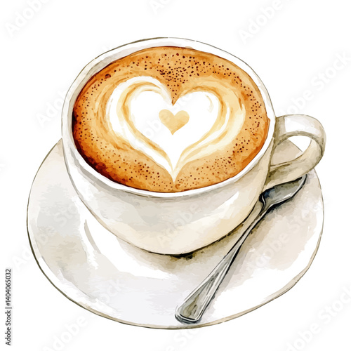 Cappuccino With A Heart-shaped Foam Art, watercolor vector, isolated on a white background.