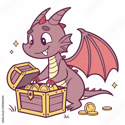 ​A cute baby dragon with oversized wings and tiny horns sits adorably atop a treasure chest.
