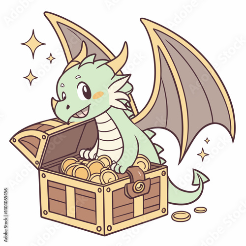 ​A cute baby dragon with oversized wings and tiny horns sits adorably atop a treasure chest.