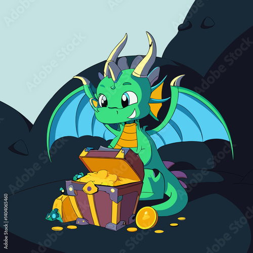 ​A cute baby dragon with oversized wings and tiny horns sits adorably atop a treasure chest.