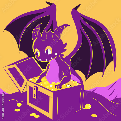 ​A cute baby dragon with oversized wings and tiny horns sits adorably atop a treasure chest.