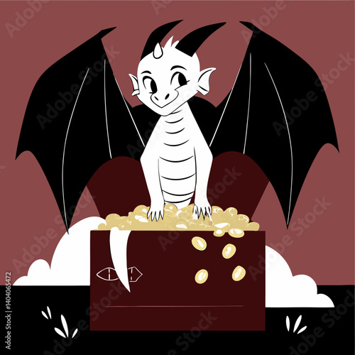 ​A cute baby dragon with oversized wings and tiny horns sits adorably atop a treasure chest.