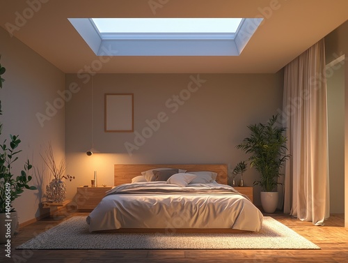 Cozy bedroom design with wooden accents, soft lighting, and a skylight that invites natural light. The room is serene and inviting.