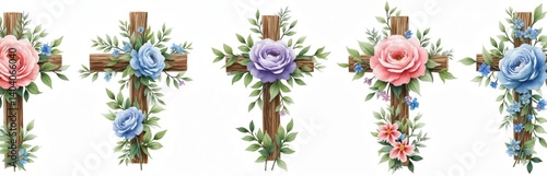 Watercolor illustrations of floral crosses with blooming roses leaves in Christian style. Decorative elements for Easter. Religious design with wood texture, perfect for cards, prints, religious
