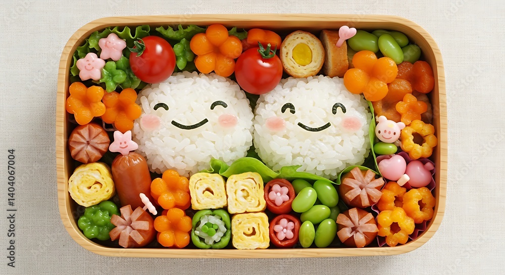 A bento box filled with rice shaped into cute faces, along with colorful vegetables and small snacks, creating an adorable lunch A bento box filled with rice shaped into cute faces, along with colorful vegetables and small snacks, creating an adorable lunch