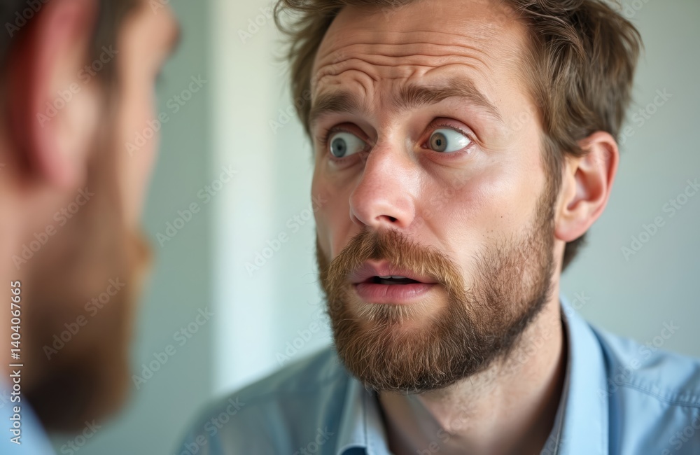 Man looks in mirror, sees wrinkles. Face expression of concern, shock. Tired man, stress, old age problems. Close-up portrait, morning routine, skincare, beauty, health concept. Man looks in mirror, sees wrinkles. Face expression of concern, shock. Tired man, stress, old age problems. Close-up portrait, morning routine, skincare, beauty, health concept.