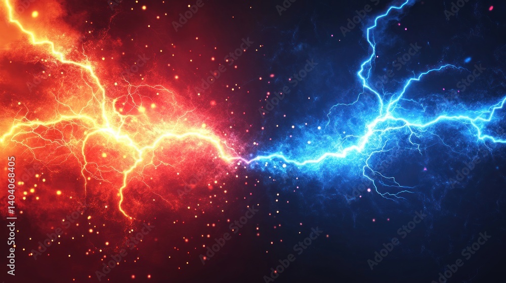 Fiery orange and icy blue lightning clashing, creating a dramatic energy conflict. Fiery orange and icy blue lightning clashing, creating a dramatic energy conflict.