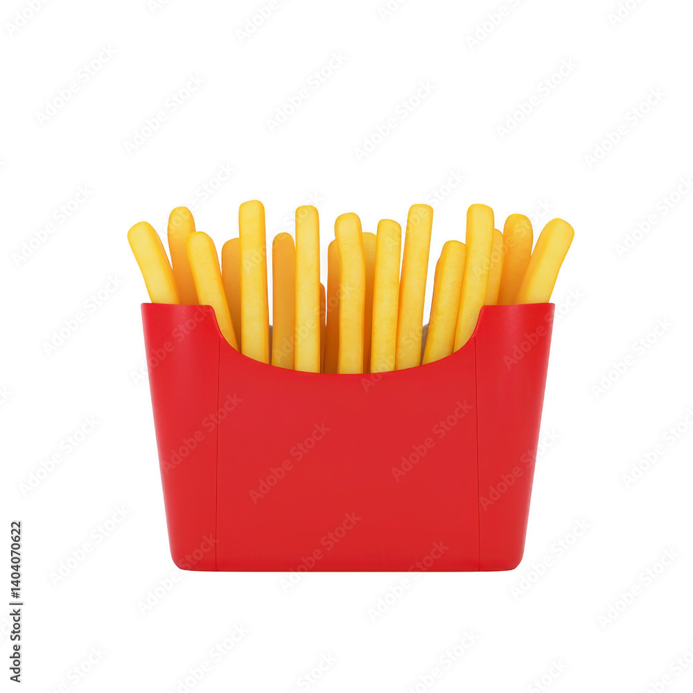 Crispy golden fries in vibrant red container, perfect for delicious snack or side dish. bright colors and simple design make it visually appealing and appetizing Crispy golden fries in vibrant red container, perfect for delicious snack or side dish. bright colors and simple design make it visually appealing and appetizing