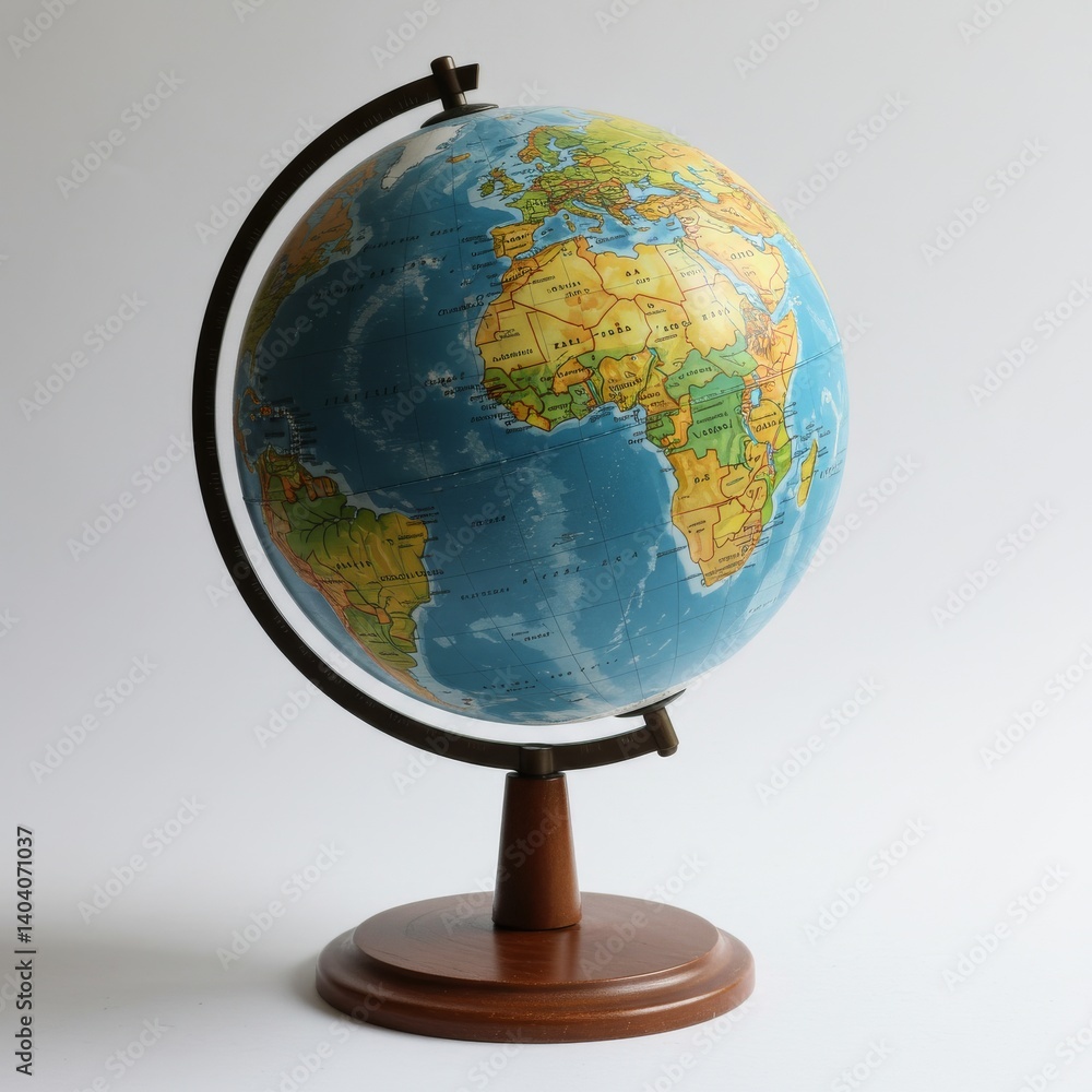 A world globe on a wooden stand, isolated on white. Ideal for travel agencies and geography-themed designs A world globe on a wooden stand, isolated on white. Ideal for travel agencies and geography-themed designs