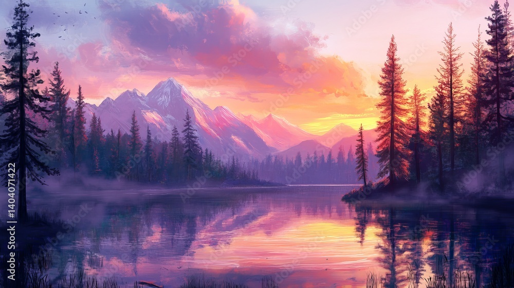 Fototapeta premium Serene sunset landscape with majestic mountains and calm lake reflections sky art pink view mood