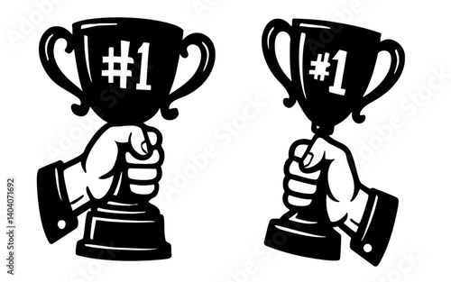 Doodle hand holds trophy champions cup cartoon. Hand drawn sketch style winner cups concept design.  Cup 1 illustration, winner cup #1, isolated Number one victory cup vector icon.