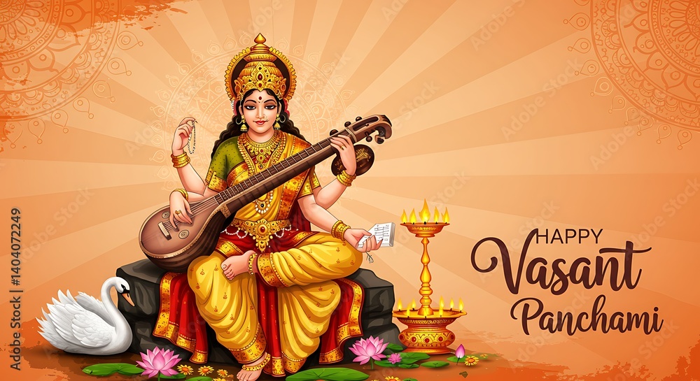 Obraz premium Festive illustration featuring Goddess Saraswati for Vasant Panchami celebration