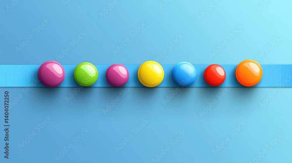 Colorful spheres arranged in a row on a blue background. Colorful spheres arranged in a row on a blue background.