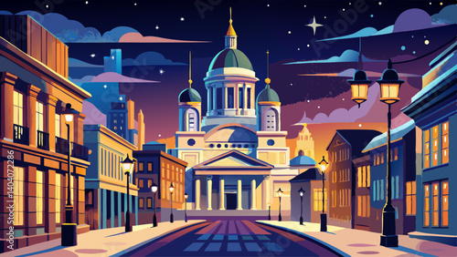 Helsinki, Finland. View Of Kanavaranta Street With Uspenski Cathedral In Evening Night Illuminations. Night stars shining above street