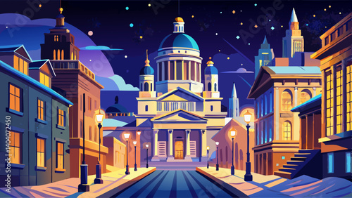 Helsinki, Finland. View Of Kanavaranta Street With Uspenski Cathedral In Evening Night Illuminations. Night stars shining above street
