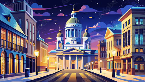 Helsinki, Finland. View Of Kanavaranta Street With Uspenski Cathedral In Evening Night Illuminations. Night stars shining above street