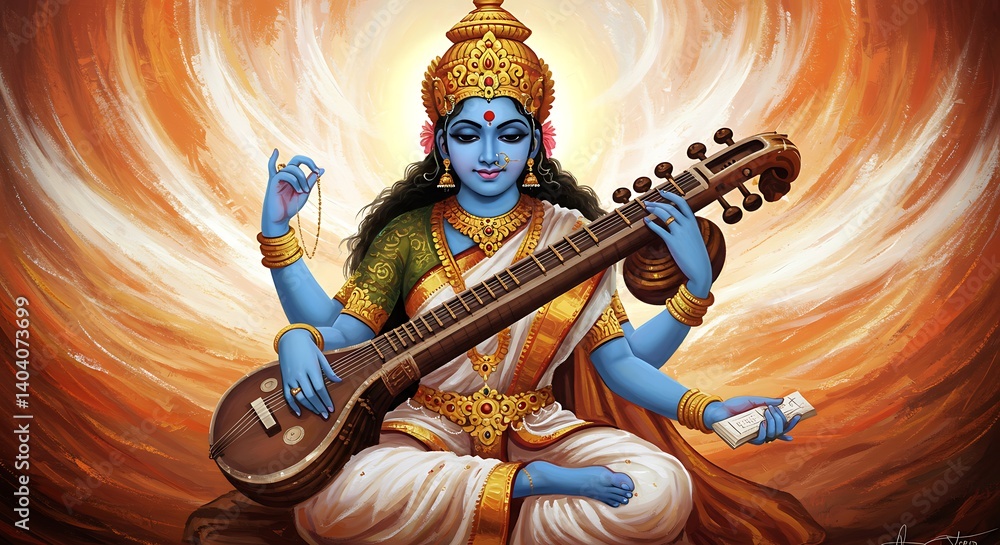 Fototapeta premium Elegant Saraswati depiction playing veena with divine ethereal backdrop