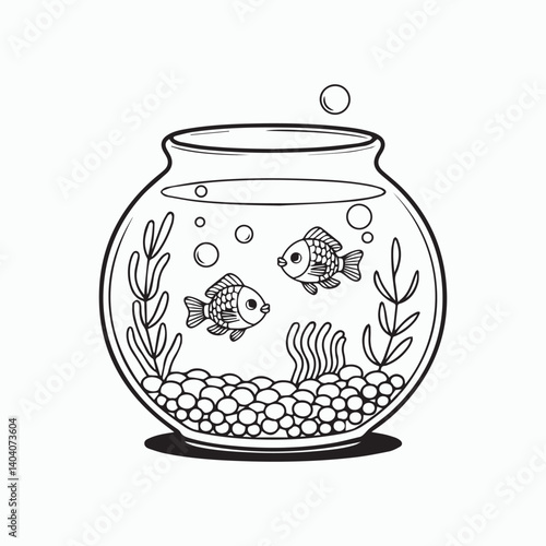 Cartoon Fishbowl with Two Small Fish – Black and White Line Drawing, Coloring Book Style. International Children's Book Day.