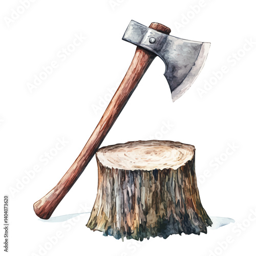 Bushcraft Axe Resting On A Stump, vector watercolor illustration, isolated on a white background.