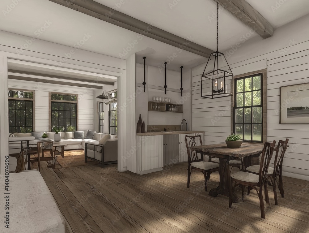 Fototapeta premium Rustic farmhouse design: dining area with natural wood table, chairs, and views into the living room with cozy white sectional.