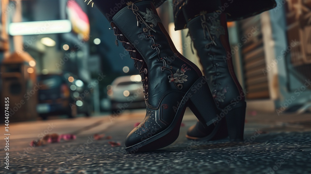 Naklejka premium Photorealistic image of a ankle boots being worn on the street