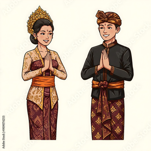 Balinese man and woman greeting in traditional dress, isolated vector art for cultural themes